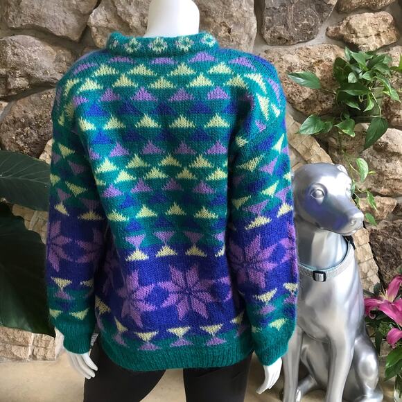Vintage Gallagher Mohair Geometric Print Snowflake Green Purple Sweater Size S - Picture 3 of 9